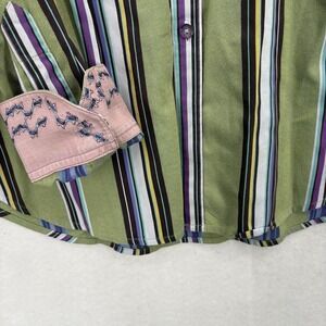 Robert Graham Shirt Mens XL Green Stripe Long Sleeve Button Up Contrast Cuff